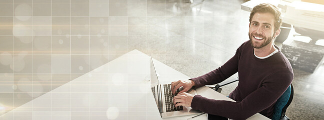 Banner, laptop and portrait of professional happy man typing wireframe, website design project or...