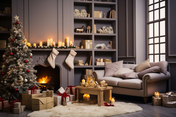 Christmas living room interior with Christmas tree, sofa, candles and decorations