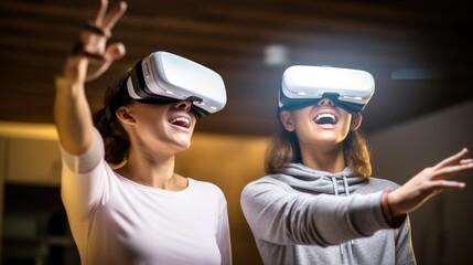 Man and woman are having fun by using a virtual reality headset at home, standing and looking and pointing finger at objects in virtual reality.