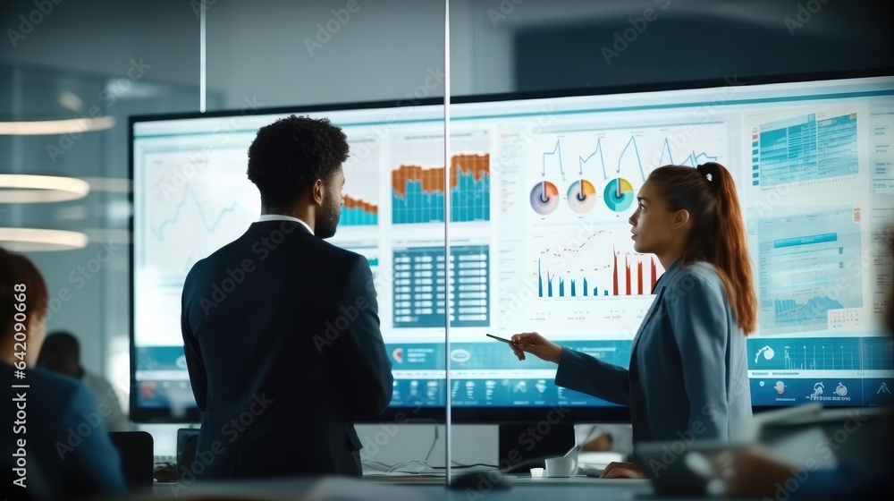 Aufkleber Diverse Team Of Data Scientists Having A Meeting And Discussing Reports In Modern Monitoring Office With Analytics Feed On a Big Digital Screen.