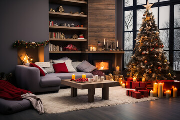 Christmas living room interior with Christmas tree, sofa, candles and decorations