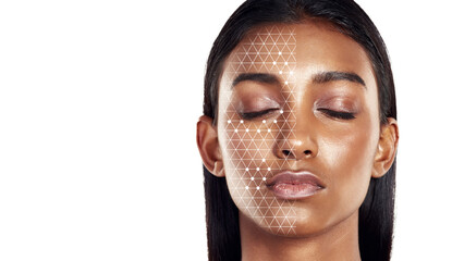Woman, face and skincare science with overlay on mockup space in hygiene, dermatology or cosmetics. Futuristic person, model and scientific technology in cosmetology, beauty makeup or facial genetics - obrazy, fototapety, plakaty