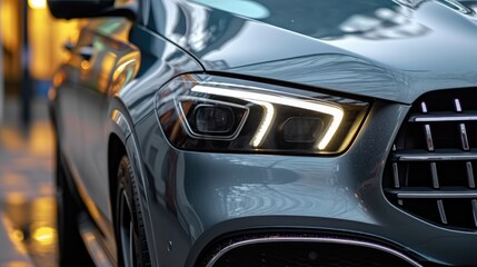 Car headlights, Close up of detail light on new car, Exterior detail.
