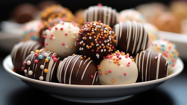 Delicious cake pops decorated with frosting chocolate and sprinkles.