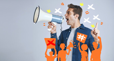 Megaphone, protest or man shouting in studio on white background for freedom or change. Comic...