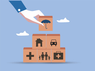 Healthcare, life insurance and  blocks with hands of man for safety, medical and planning. Future, investment and retirement with  cube tower  for savings, property and medicine.vector illustration.