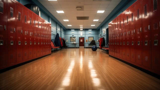 Gym locker room, Modern interior of a locker changing room.