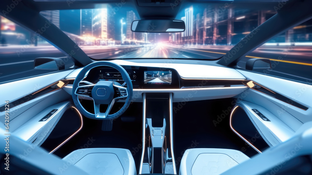 Poster future technologies, interior of a self-driving car controlled by an artificial intelligence autopil