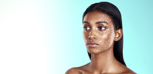 Makeup, change and facial recognition with woman, beauty and skincare on a white studio background....