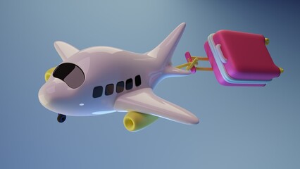Cute 3d illustration of flying airplane and cartoon pink suitcase against gradient blue background. Minimal concept. 3d illustration highly usable. Time to travel. Summer design. Travel blog, agency.
