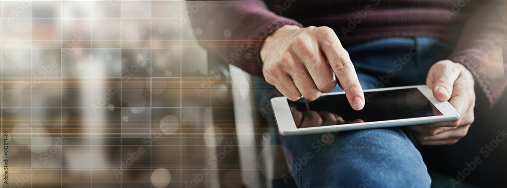 Poster Business, closeup and man with a tablet, overlay and connection with network, typing and email notification. Banner, consultant and employee with technology, search internet and website information
