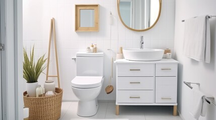 Fototapeta na wymiar Modern bathroom interior, Ceramic toilet bowl with shelving unit.