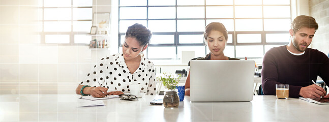 Banner, notebook and professional people, laptop user and web designer planning creative website...