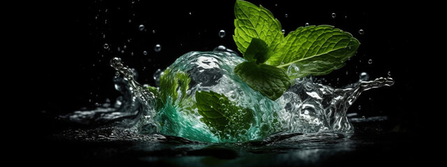 Submerged Mint: Close Up Mint in Ice Drops Into the Water Splashes Dark Backgraund 
generative, ai