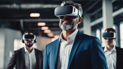 Virtual reality demonstration, Mature businessman wearing VR glasses in office business technology futuristic technology vr virtual.