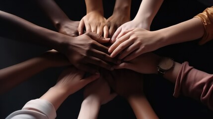 Multicultural joining of hands, Support group meeting, Togetherness, Top view.