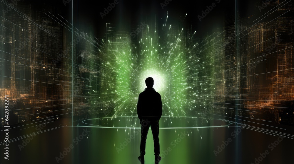 Poster rear view, man is looking at a huge screen shows a neural network diagram.