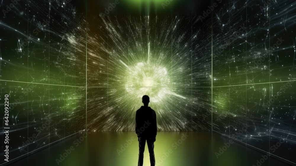 Poster rear view, man is looking at a huge screen shows a neural network diagram.