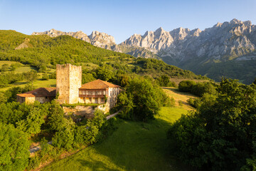 Aerial view of the Spanish village of Mogrovejo at sunrise 
