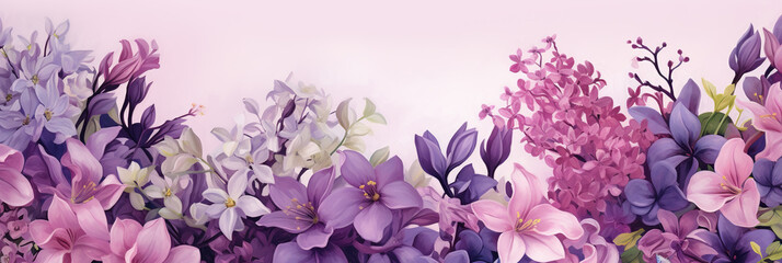 Lilac flowers border, purple and pink flowers, large banner size.