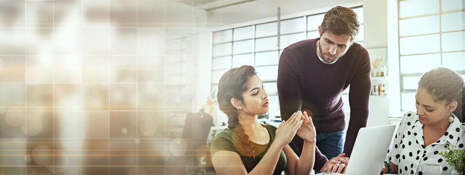 Training, laptop and overlay with business people in office for teamwork, advice and learning. Website, creative agency and coaching with employees on banner for digital, consulting and help mockup