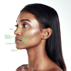 Skincare, science and face of woman in studio with skin cell, cosmetics and overlay on white...