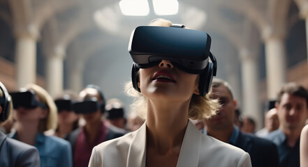 Business woman attend meeting wearing vr virtual goggle glasses standing in auditorium convention hall, Virtual reality demonstration.