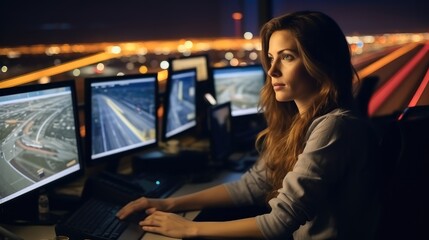 Woman working as air traffic controller at airport control tower. - obrazy, fototapety, plakaty