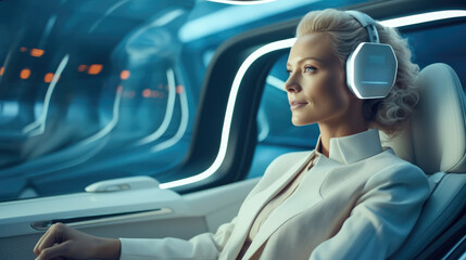 Woman are ride in a self-driving car controlled by an artificial intelligence autopilot, Future technologies.