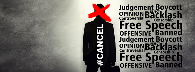 Cancel culture, man or boycott with censor to silence opinion, stop protest or shaming. Abstract, silhouette or text overlay for censorship, judgement and social media backlash or mockup banner space