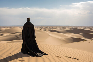 Photo of a szzati man dressed in a black cassock standing among the desert sands - Powered by Adobe