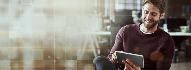 Entrepreneur, smile and man with a tablet, typing and connection with overlay, website information...