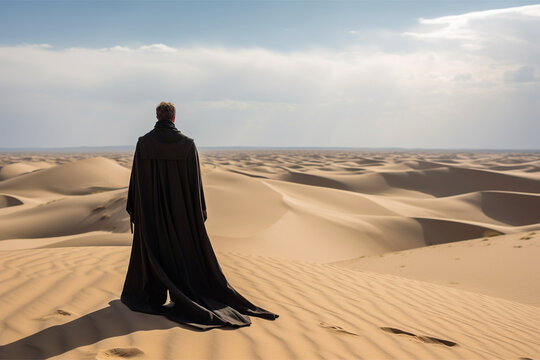 Photo of a szzati man dressed in a black cassock standing among the desert sands