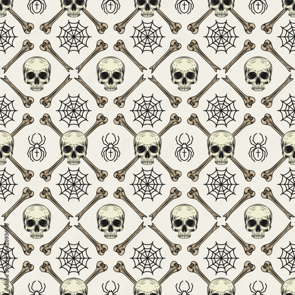 Poster geometric halloween pattern with square grid with rhombus cells, broken bones, half skull without ja