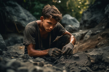 A young man delving into the forest in search of fossils