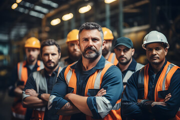 Group of worker engineer teamwork diverse people mix race in heavy industry standing confident