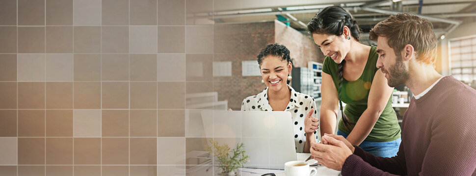 Business People, Teamwork Banner And Laptop For Online Planning, Presentation And Information Technology Mockup. IT Employees Or Group On Computer, Software Development And Tech Startup Collaboration