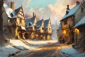 winter scene with snow falling on a medieval village street with ancient timber famed houses - obrazy, fototapety, plakaty