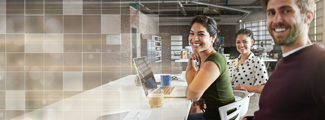 Portrait, teamwork and business people in a meeting, overlay and cooperation with a laptop, connection and brainstorming. Staff, coworkers or group with a pc, collaboration and planning with feedback