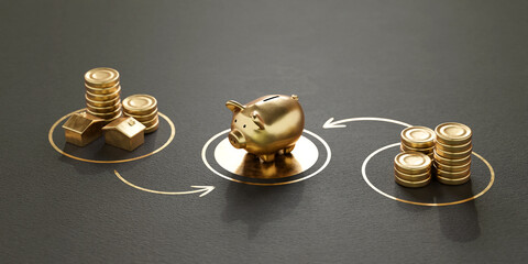 Concept Idea of Invest, Real estate business mortgage. generic golden coins and piggy bank, black background.