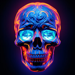 Metal skull in holographic colors neon light
