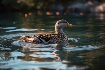 Female mallard duck. Portrait of a duck with reflection in clean lake water causing ripples on water near shore.