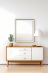 Wooden Photo Frame Mockup in white wall with modern interior design, table and decorative plant.