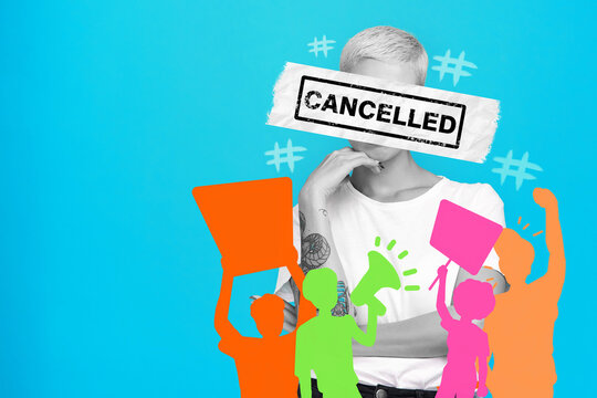 Ban, cancel and woman with censor on face for boycott, silence opinion or shaming. Stop, audience or text overlay for censorship for social media critic, discrimination and abstract blue background