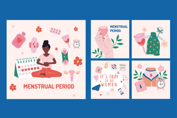 Flat Menstruation period woman instagram posts collection. Social media