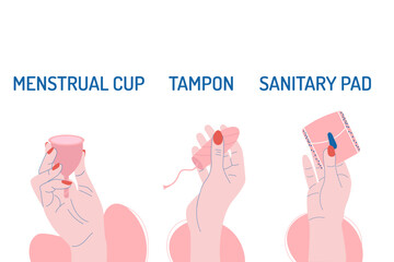 Menstruation period background. Hands hold sanitary pad tampon menstrual cup with inscriptions