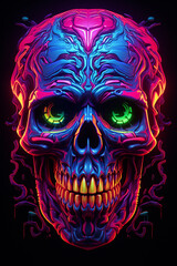 Metal skull in holographic colors neon light