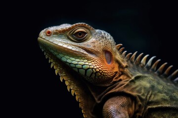 Fototapeta premium Shy animal, Orange green iguana reptile isolated on black background with reflection