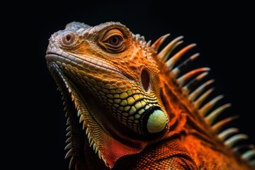 Fototapeta premium Shy animal, Orange green iguana reptile isolated on black background with reflection
