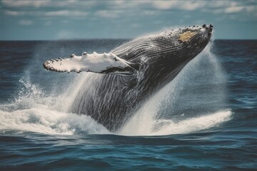 Fototapeta premium Humpback whale jumping out of the water in Australia. The whale is spraying water and ready to fall on its back.